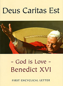 The cover of the papal encyclical 'Deus Caritas Est (God Is Love)' which shows Pope Benedict the Sixteenth with open arms.
